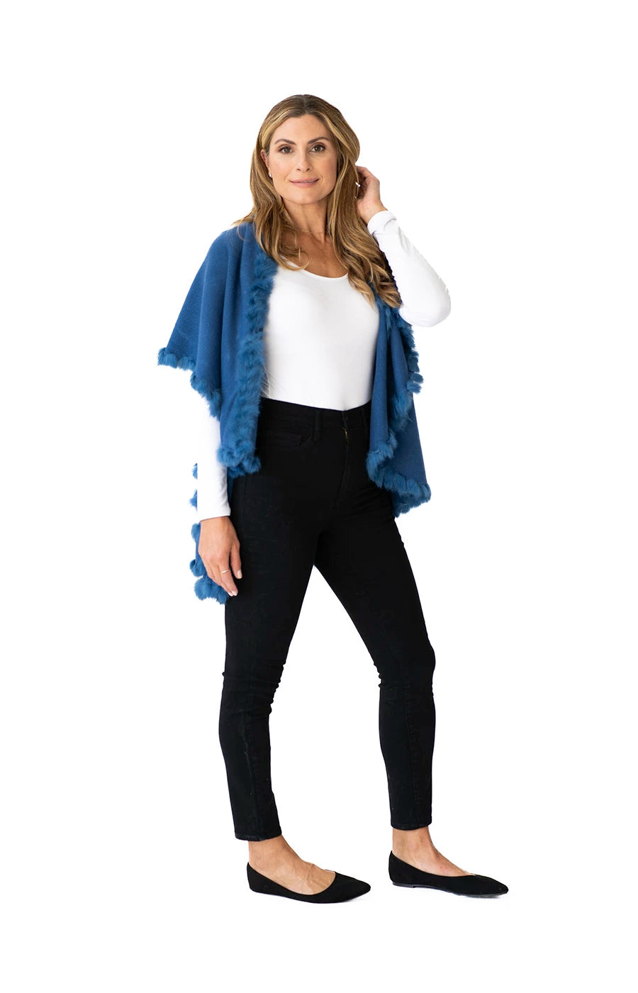 Shawl in Denim Blue with Fur Trim
