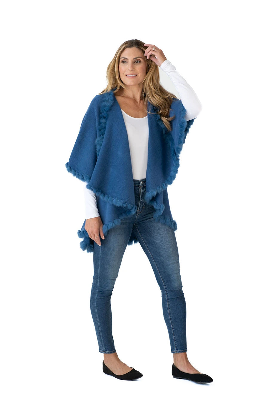 Shawl in Denim Blue with Fur Trim