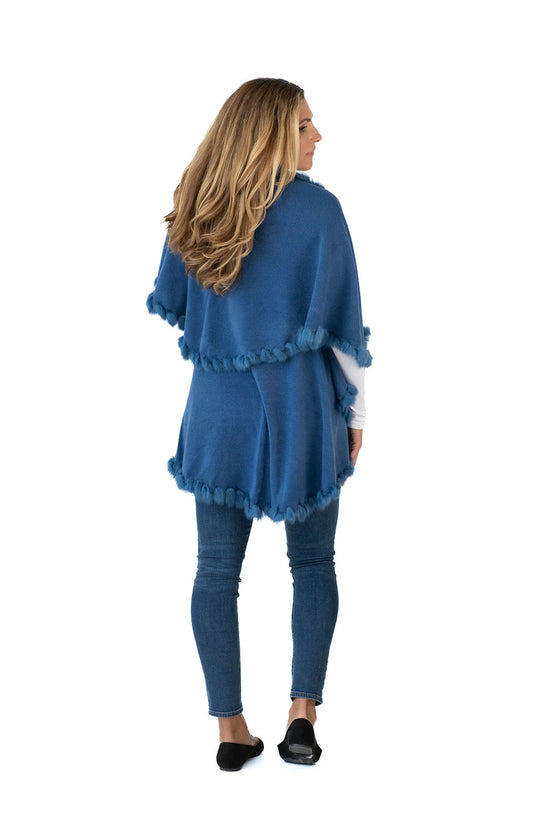 Shawl in Denim Blue with Fur Trim