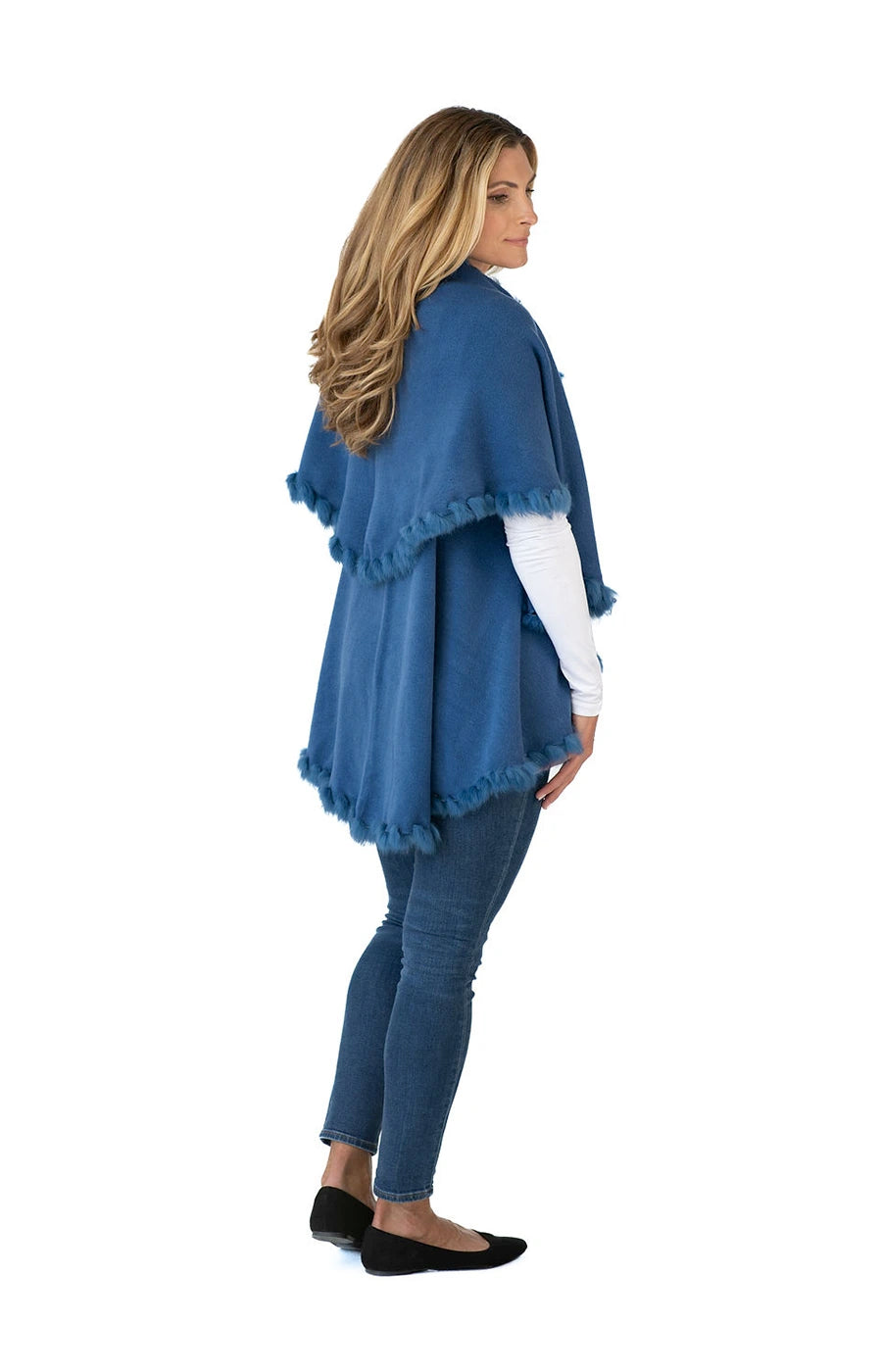 Shawl in Denim Blue with Fur Trim