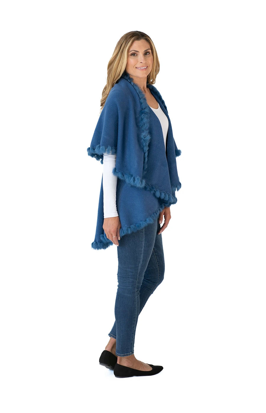 Shawl in Denim Blue with Fur Trim