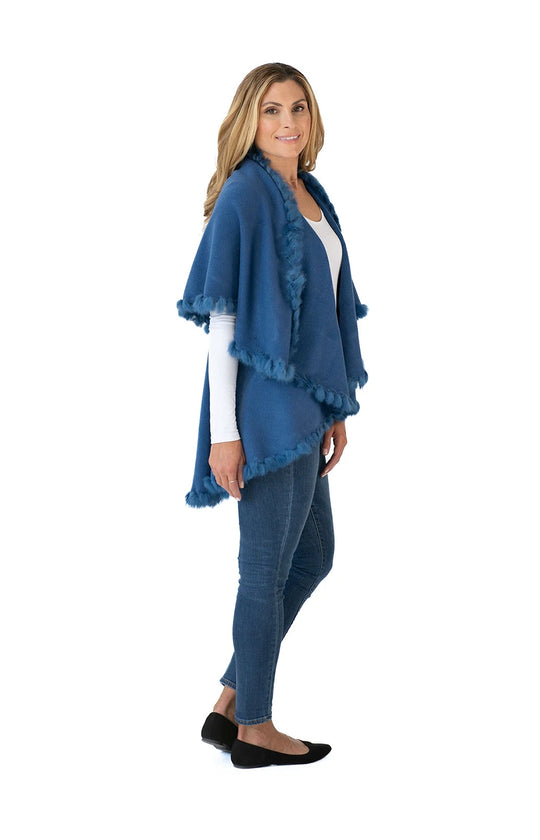 Shawl Sweater Vest in Denim Blue with Fur Trim