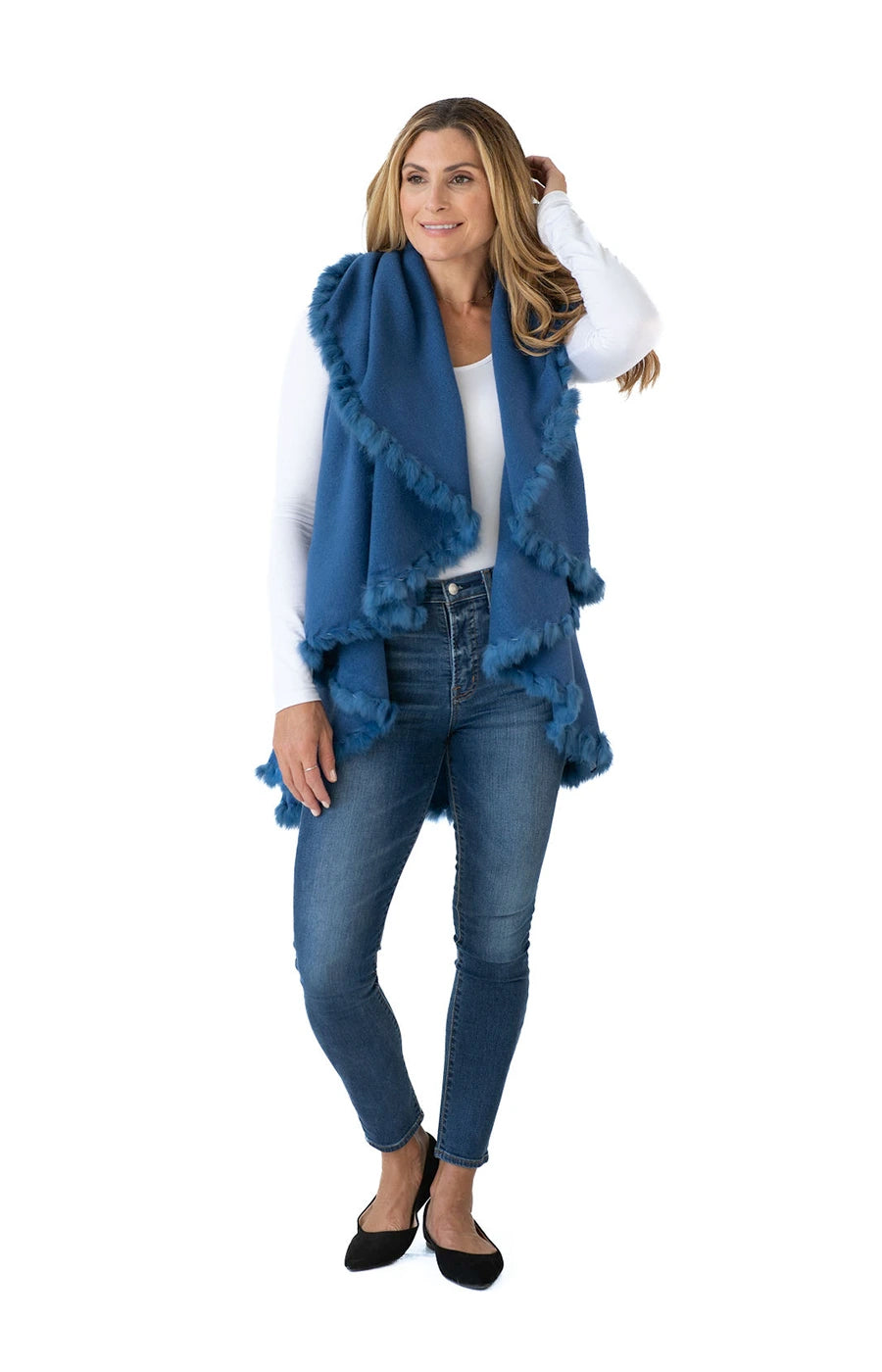 Shawl Sweater Vest in Denim Blue with Fur Trim