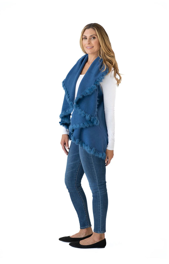 Shawl in Denim Blue with Fur Trim