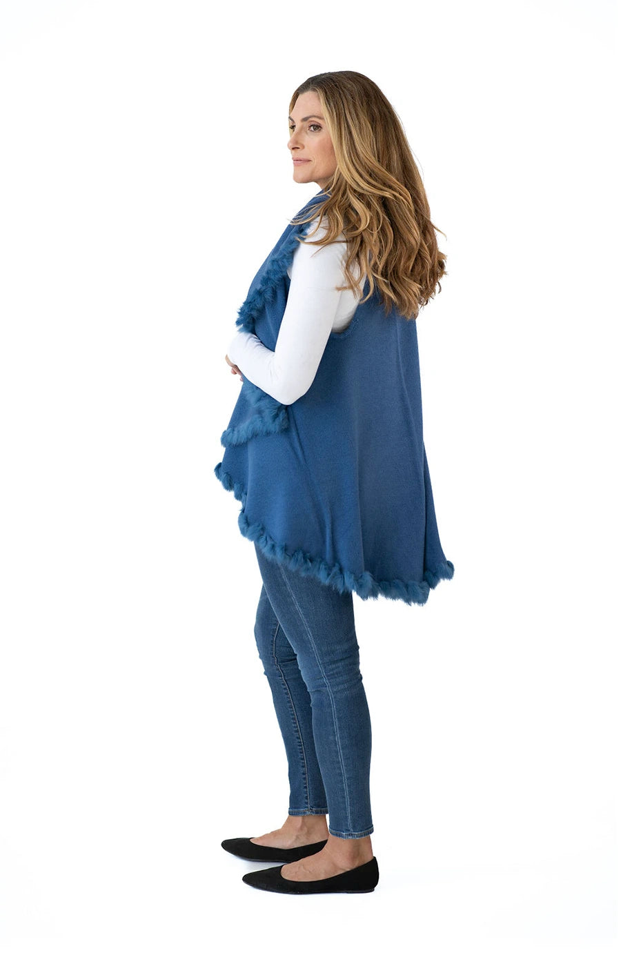 Shawl Sweater Vest in Denim Blue with Fur Trim