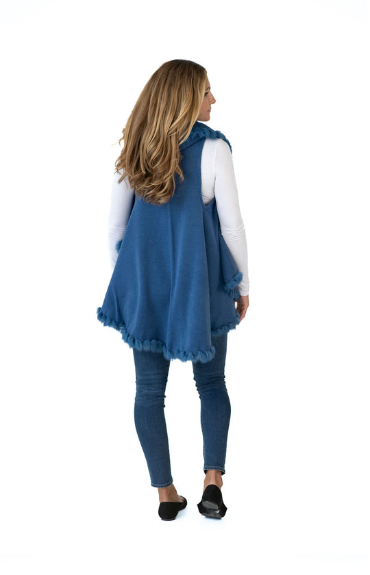 Shawl in Denim Blue with Fur Trim