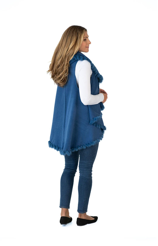 Shawl in Denim Blue with Fur Trim