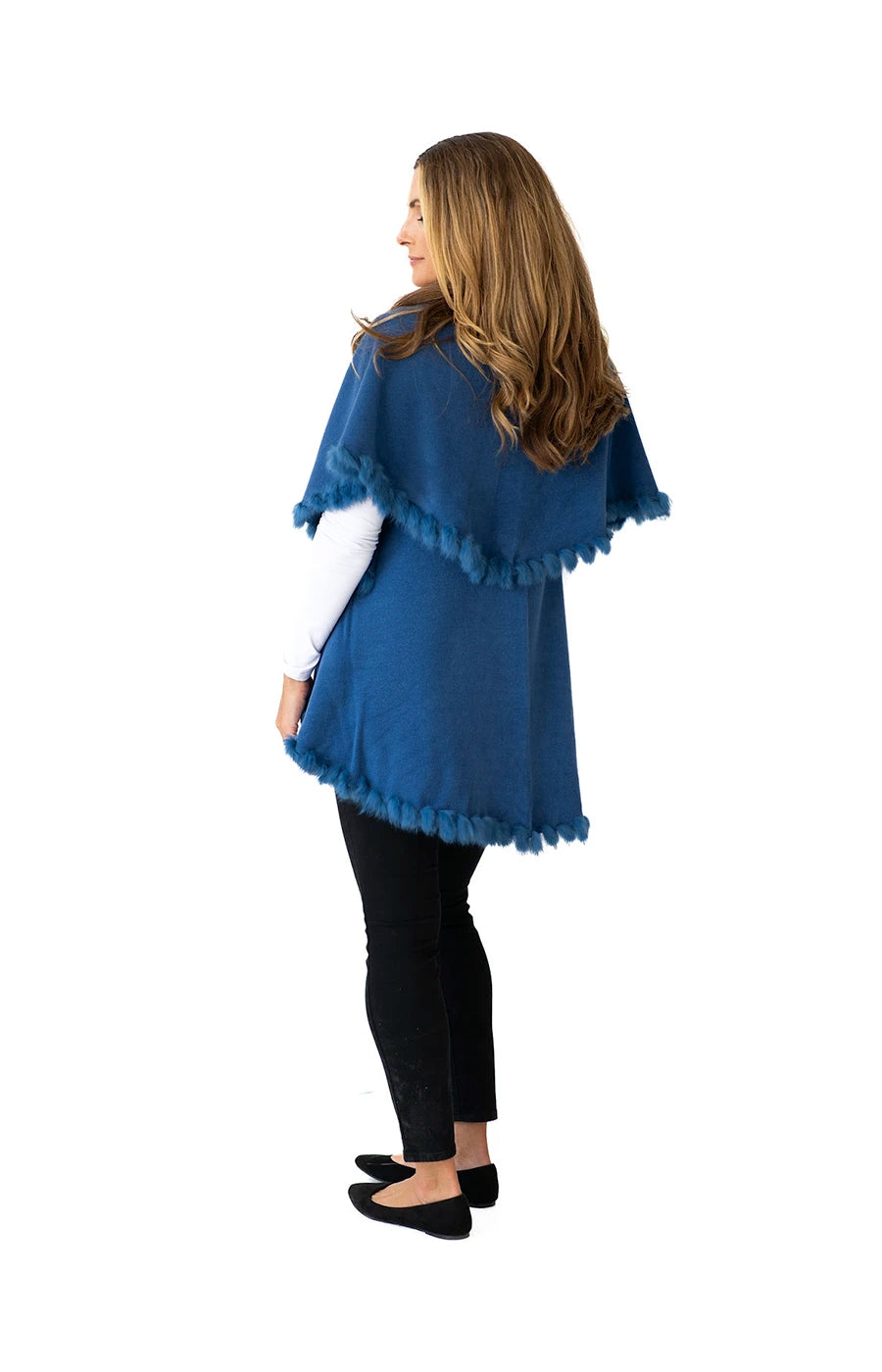 Shawl in Denim Blue with Fur Trim