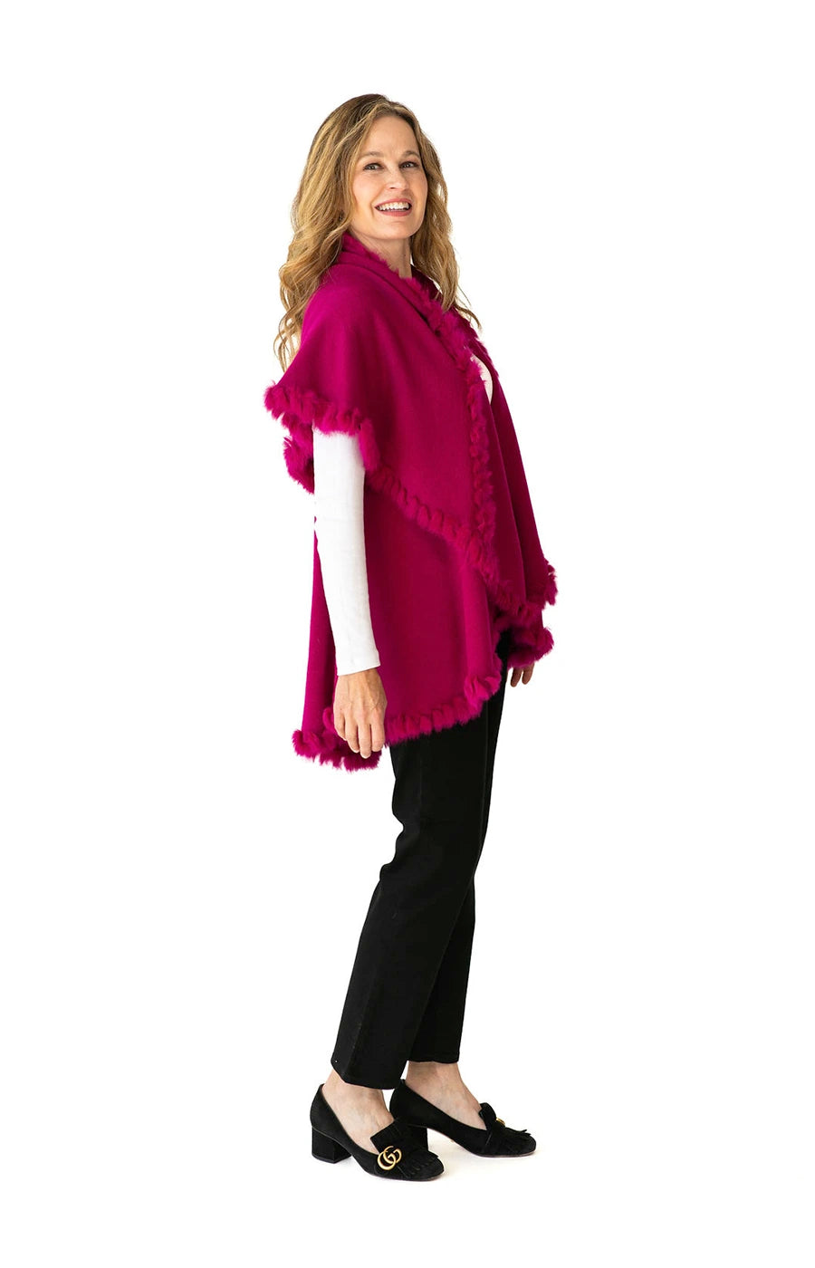 Shawl in Fuchsia with Fur Trim