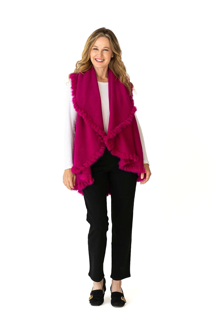 Shawl Sweater Vest in Fuchsia with Fur Trim