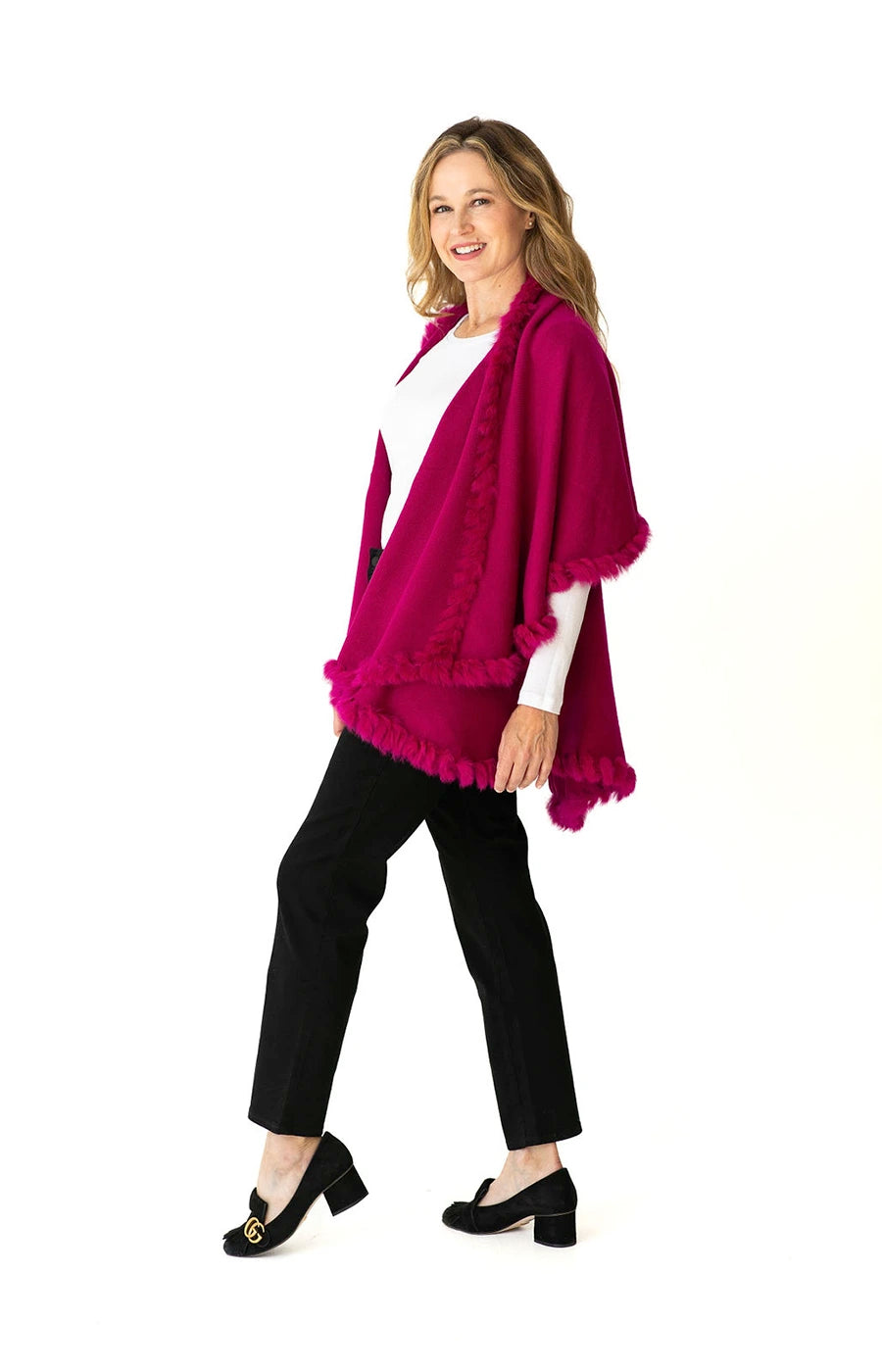 Shawl Sweater Vest in Fuchsia with Fur Trim