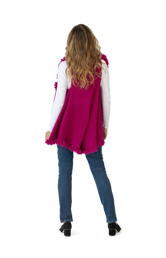 Shawl Sweater Vest in Fuchsia with Fur Trim