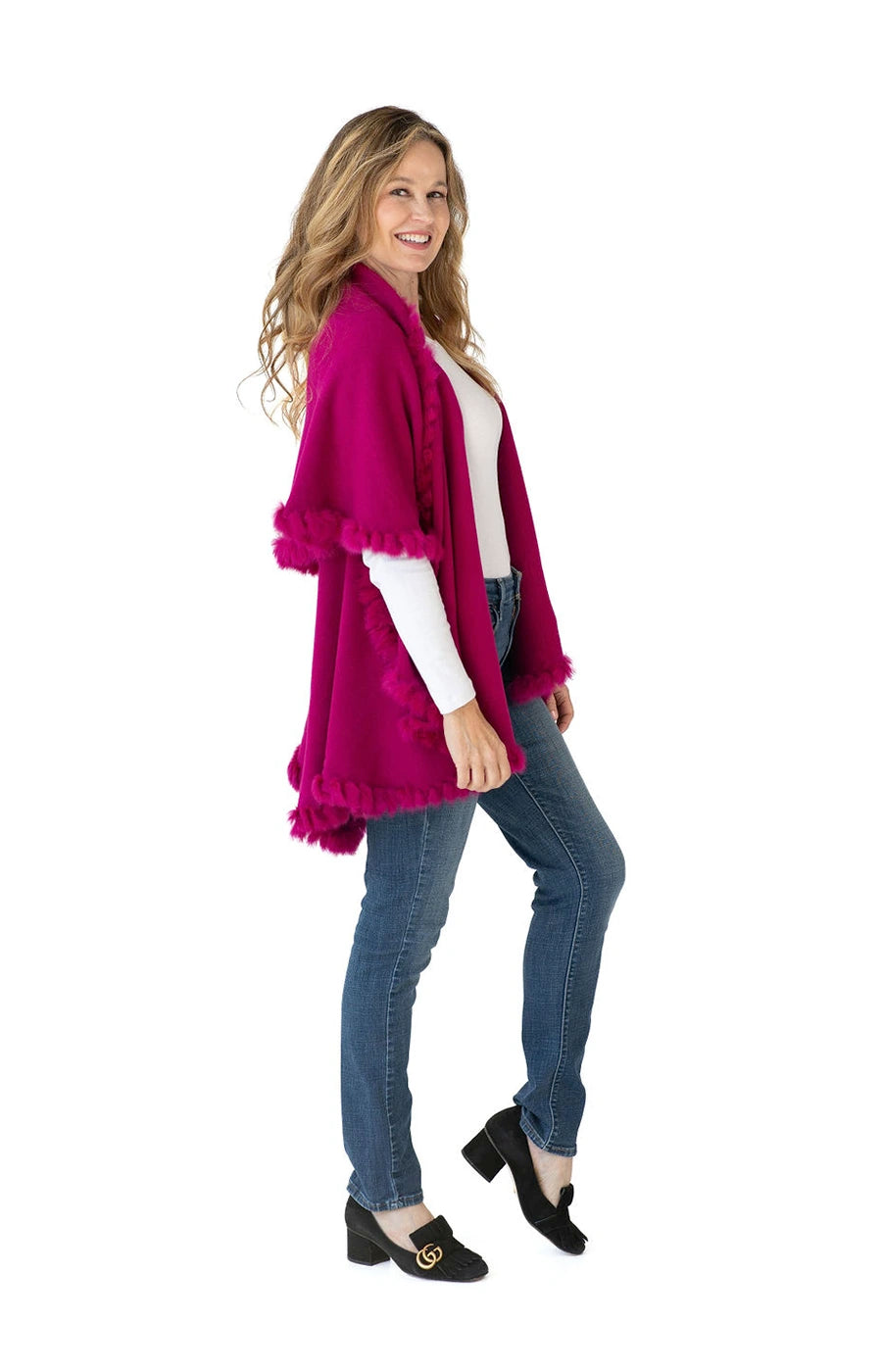 Shawl Sweater Vest in Fuchsia with Fur Trim