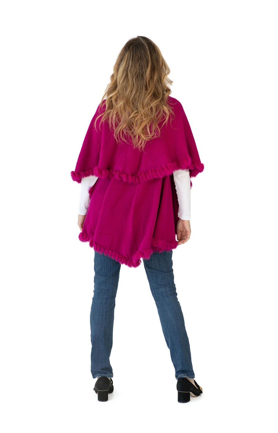 Shawl Sweater Vest in Fuchsia with Fur Trim