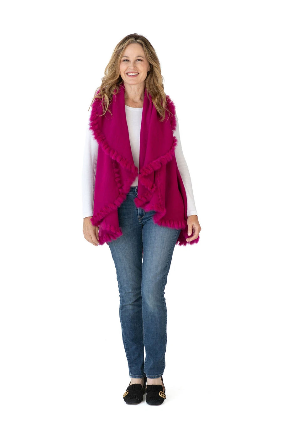 Shawl Sweater Vest in Fuchsia with Fur Trim