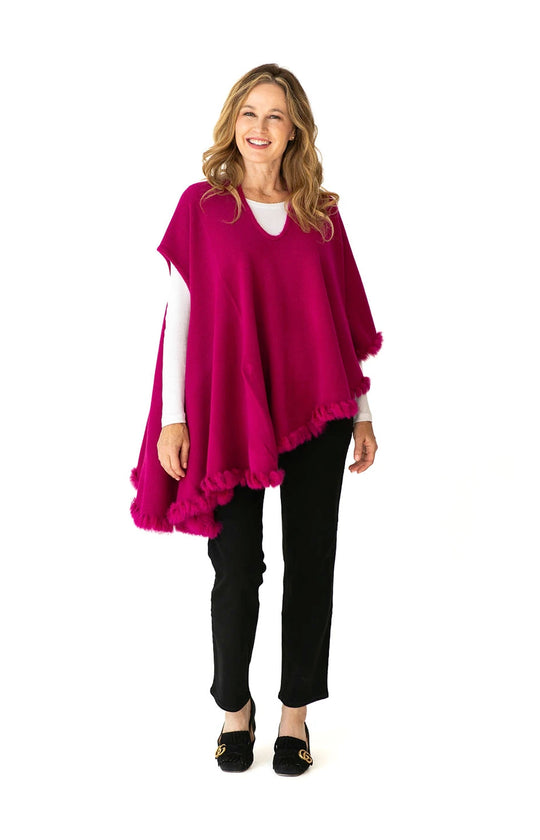 Shawl Sweater Vest in Fuchsia with Fur Trim