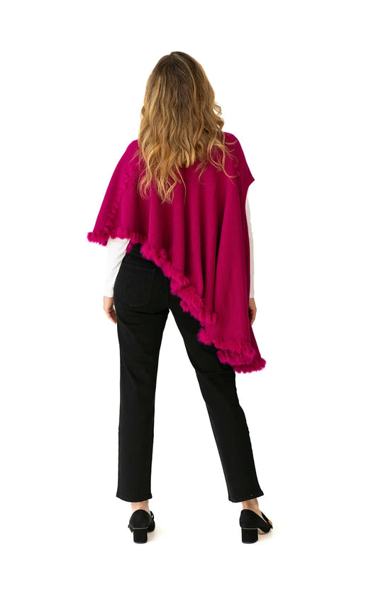 Shawl Sweater Vest in Fuchsia with Fur Trim