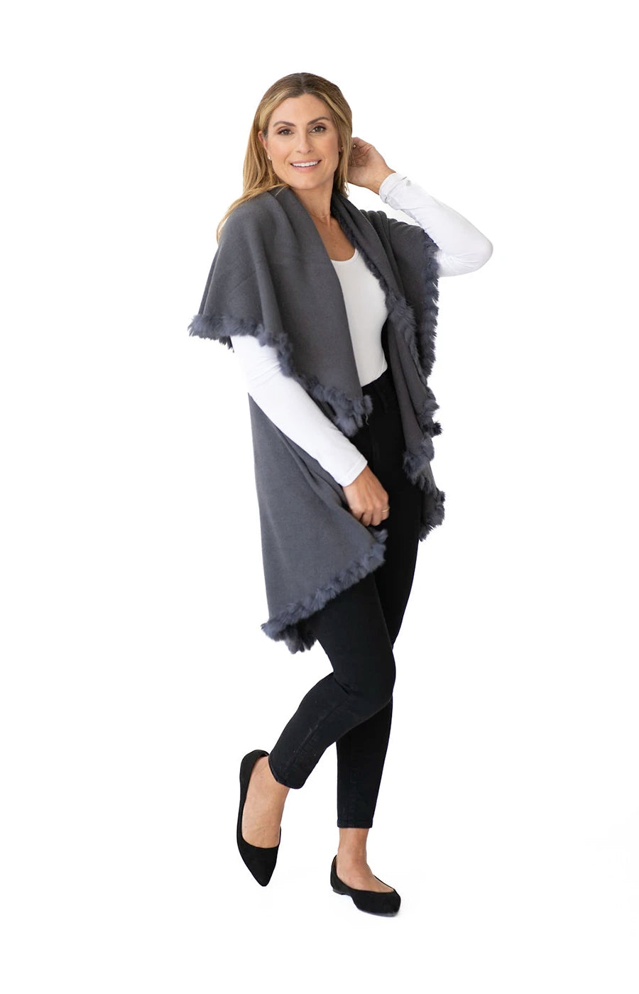 Shawl in Grey with Fur Trim
