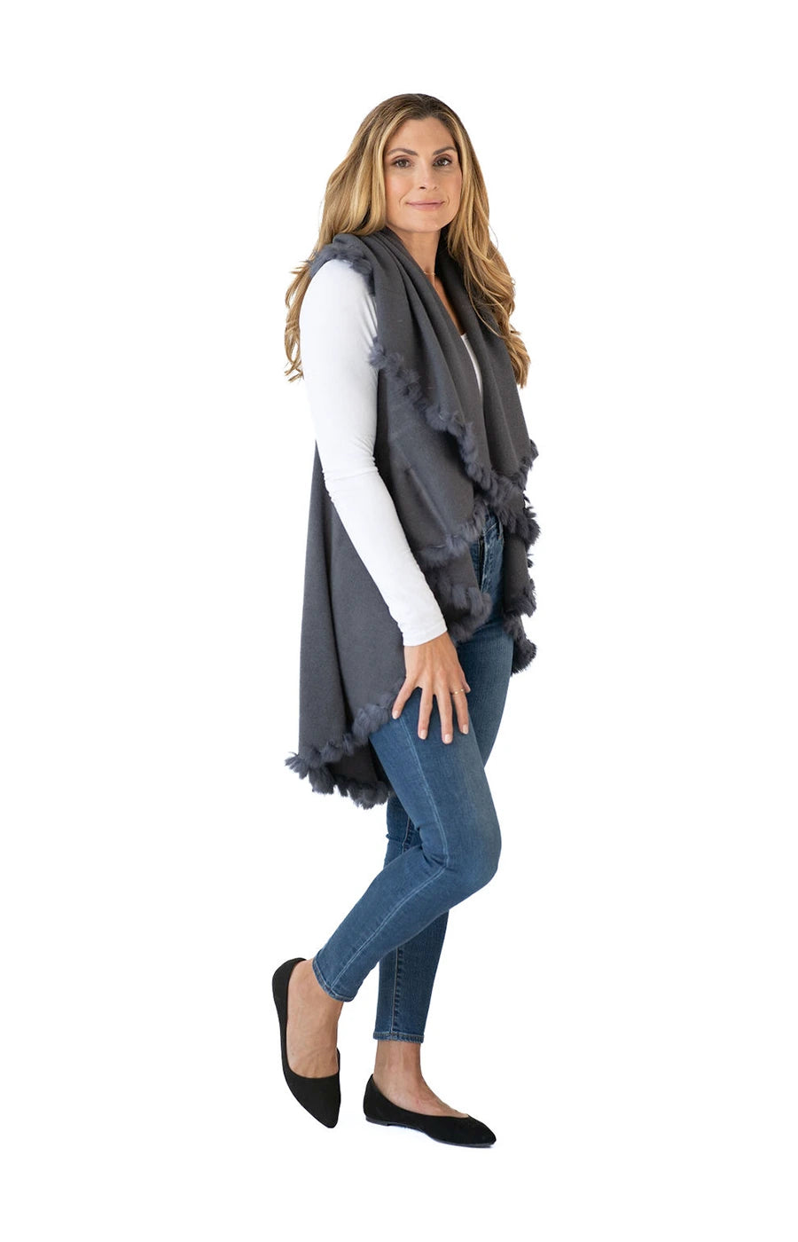 Shawl in Grey with Fur Trim