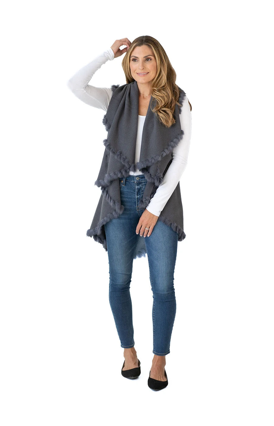 Shawl in Grey with Fur Trim