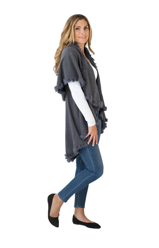 Shawl in Grey with Fur Trim