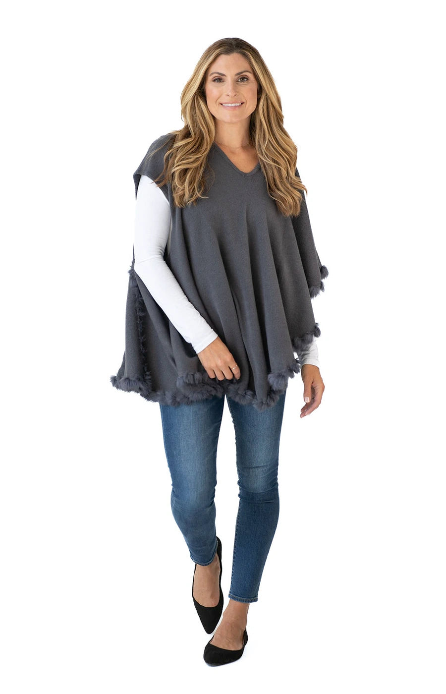 Shawl in Grey with Fur Trim