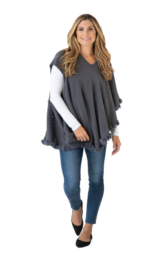 Shawl in Grey with Fur Trim