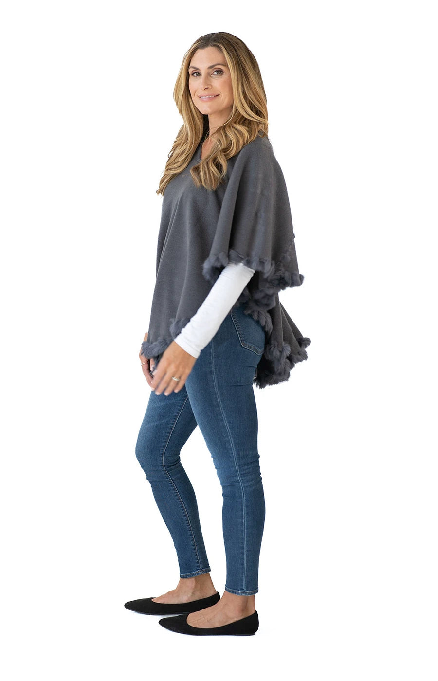 Shawl in Grey with Fur Trim