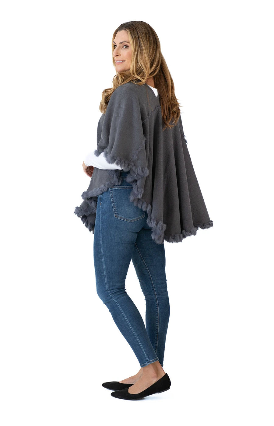 Shawl in Grey with Fur Trim