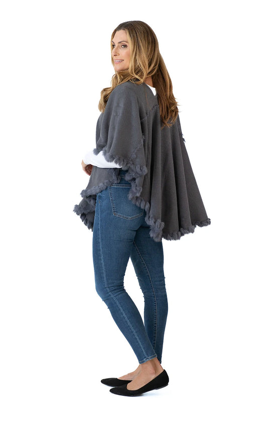 Shawl in Grey with Fur Trim