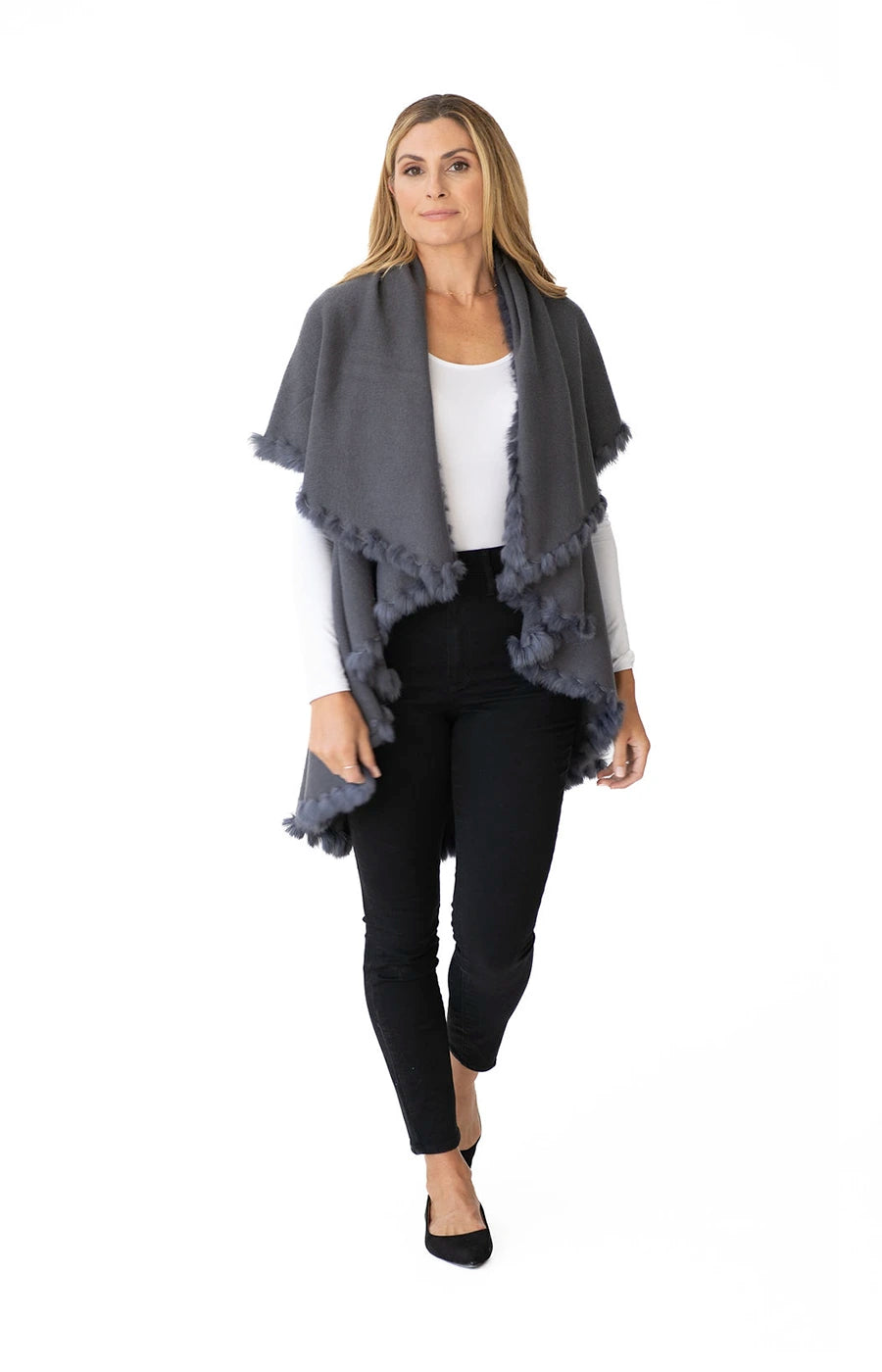Shawl in Grey with Fur Trim