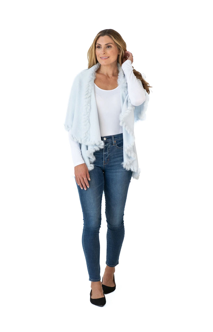 Shawl in Light Blue with Fur Trim