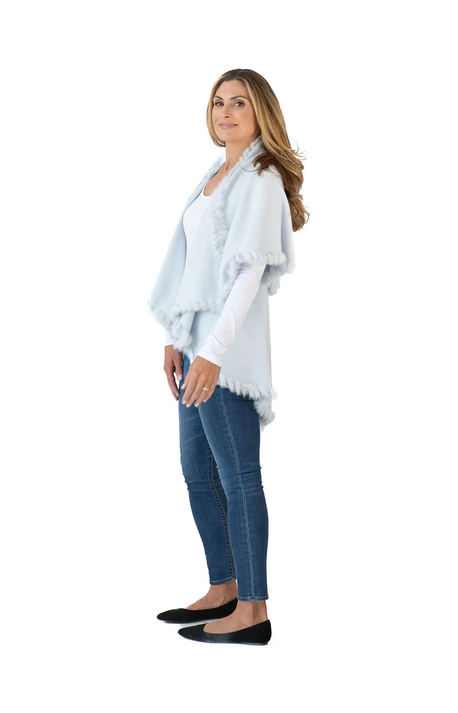 Shawl in Light Blue with Fur Trim