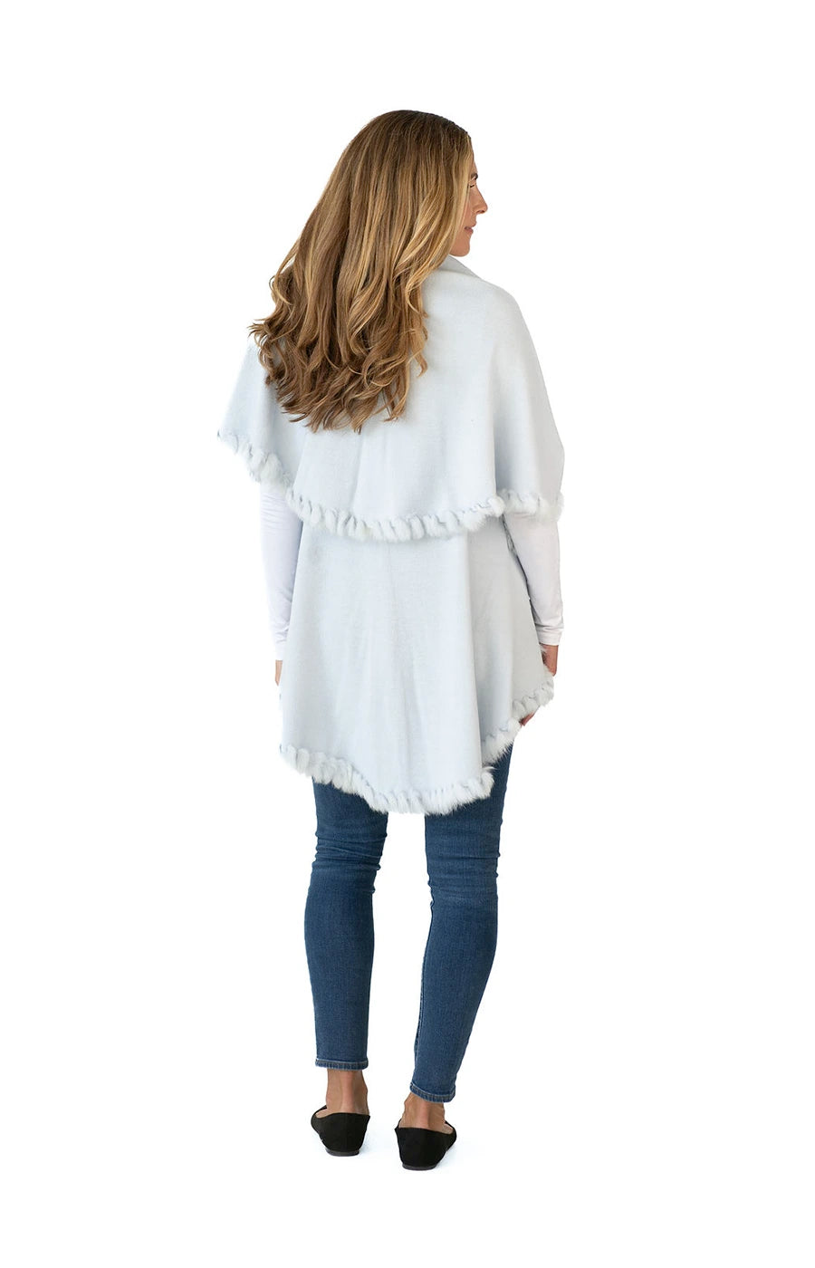 Shawl in Light Blue with Fur Trim