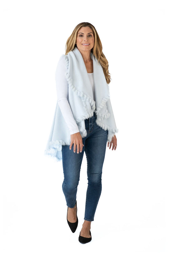 Shawl in Light Blue with Fur Trim