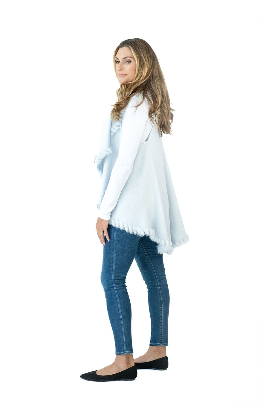 Shawl in Light Blue with Fur Trim
