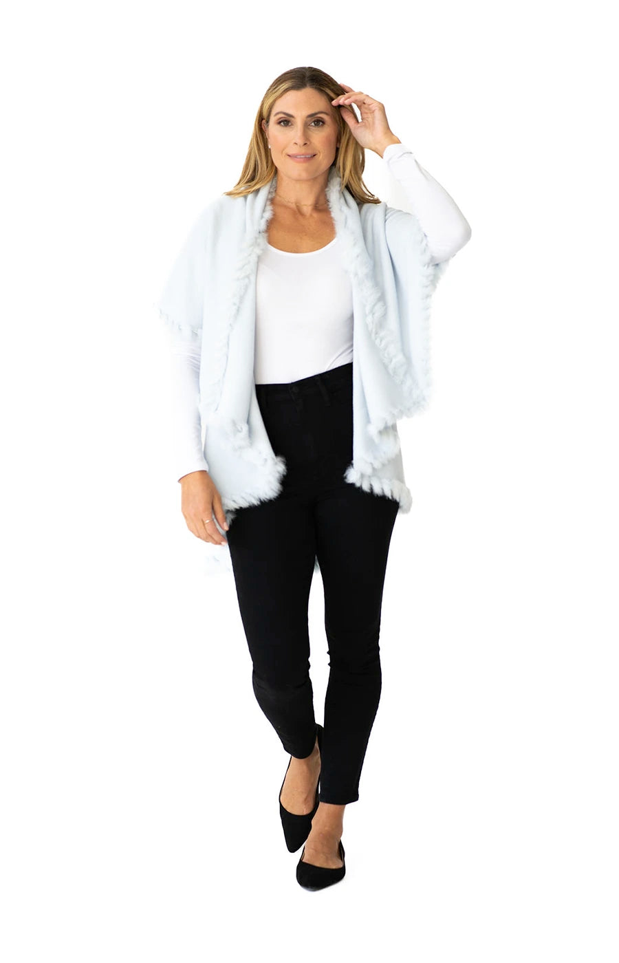Shawl in Light Blue with Fur Trim