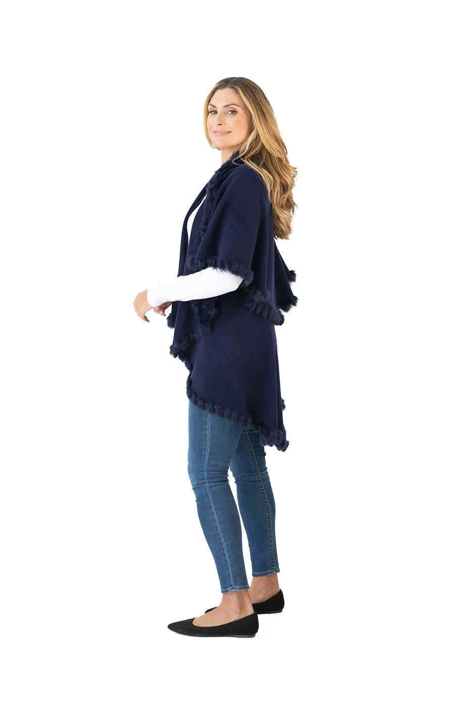 Shawl in Navy with Fur Trim