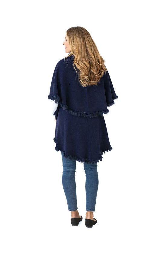 Shawl in Navy with Fur Trim