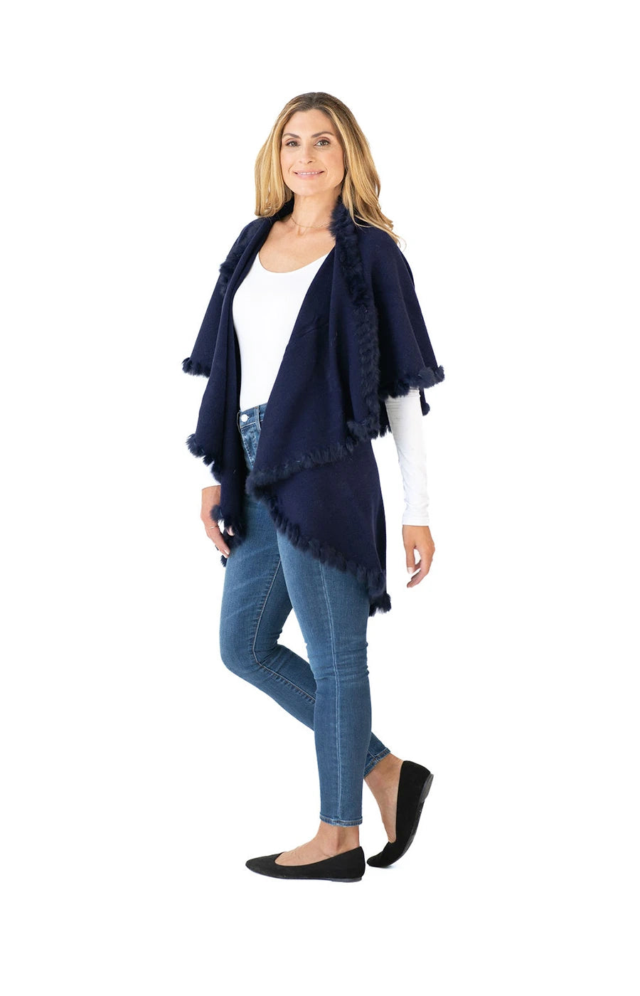 Shawl in Navy with Fur Trim
