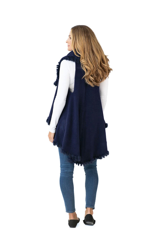 Shawl Sweater Vest in Navy with Fur Trim