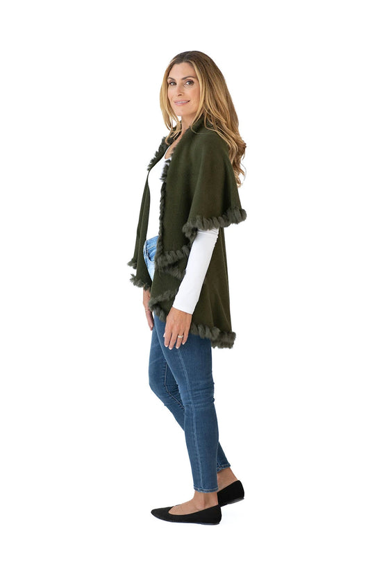 Shawl in Olive Green with Fur Trim