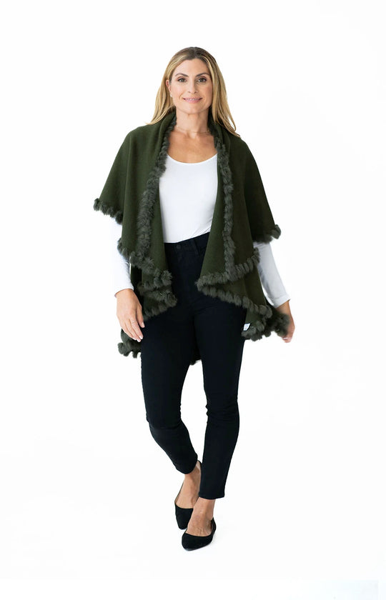 Shawl Sweater Vest in Olive Green with Fur Trim