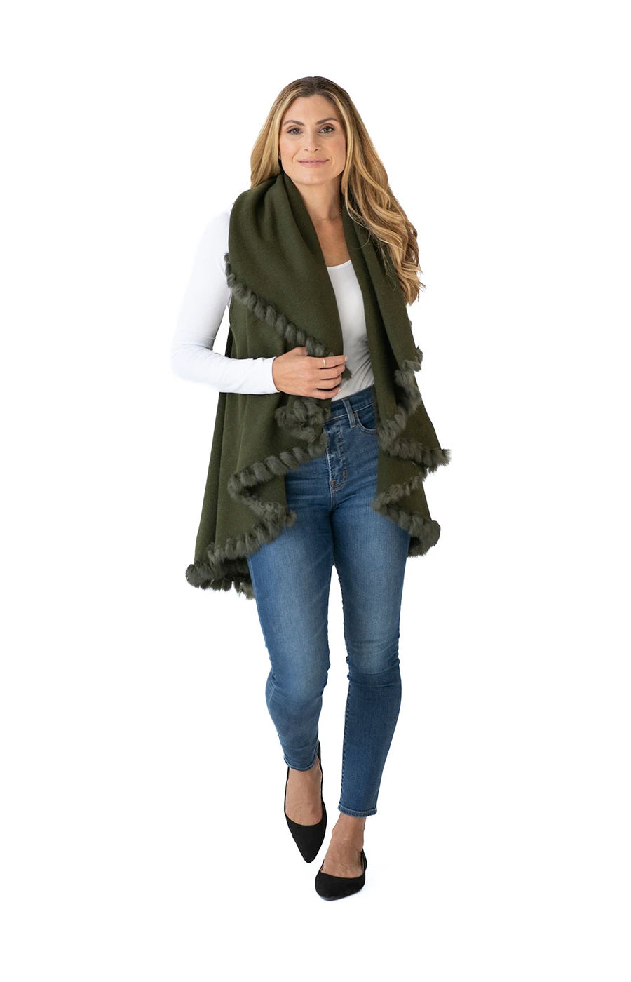 Shawl Sweater Vest in Olive Green with Fur Trim