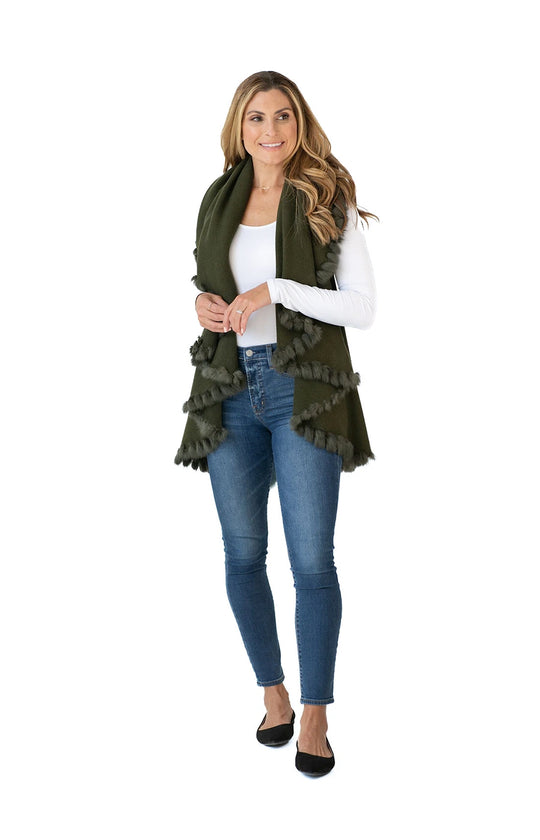 Shawl in Olive Green with Fur Trim