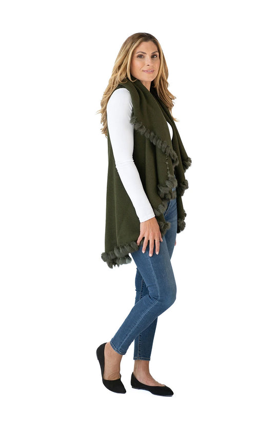 Shawl in Olive Green with Fur Trim