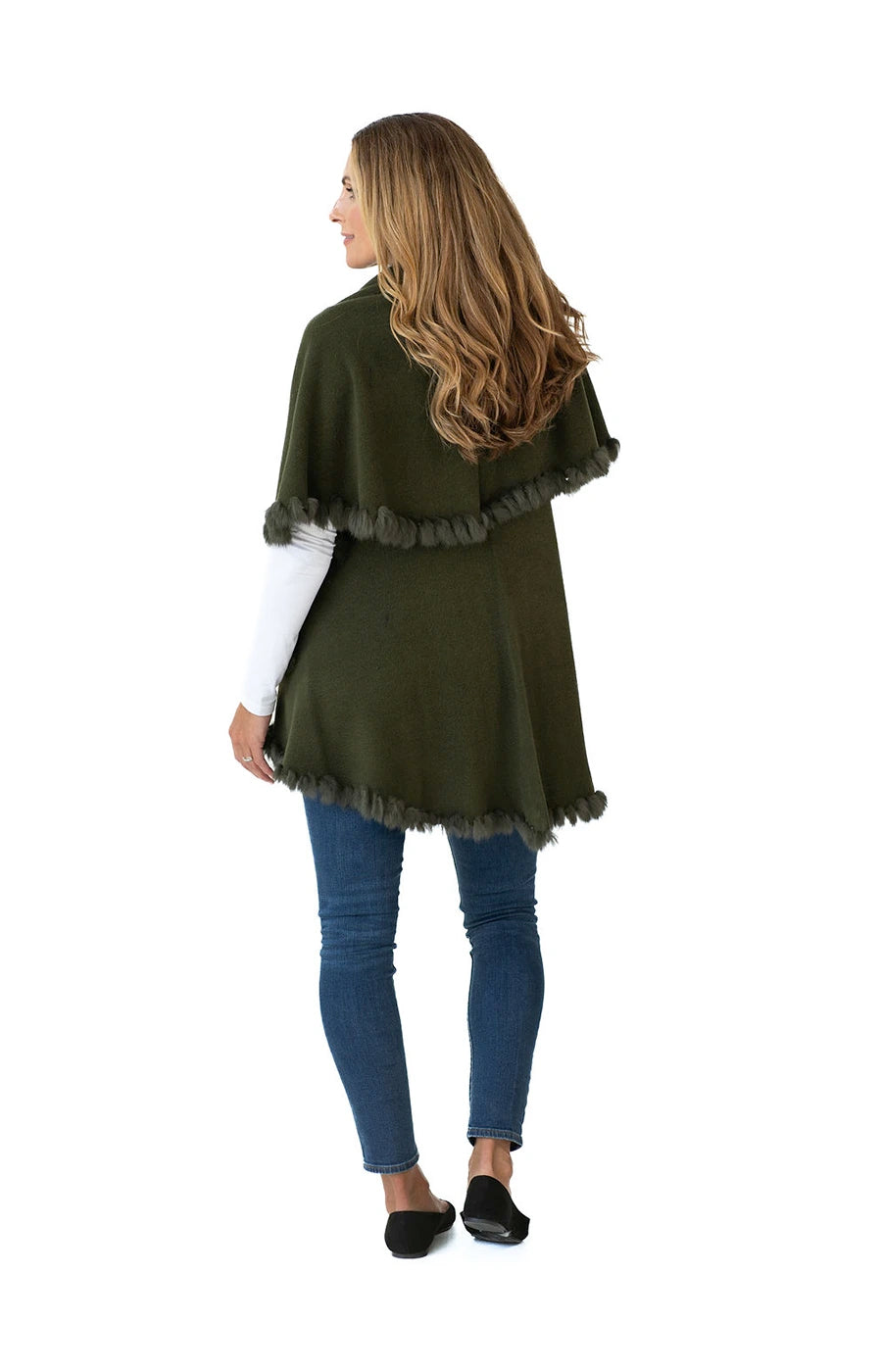 Shawl in Olive Green with Fur Trim