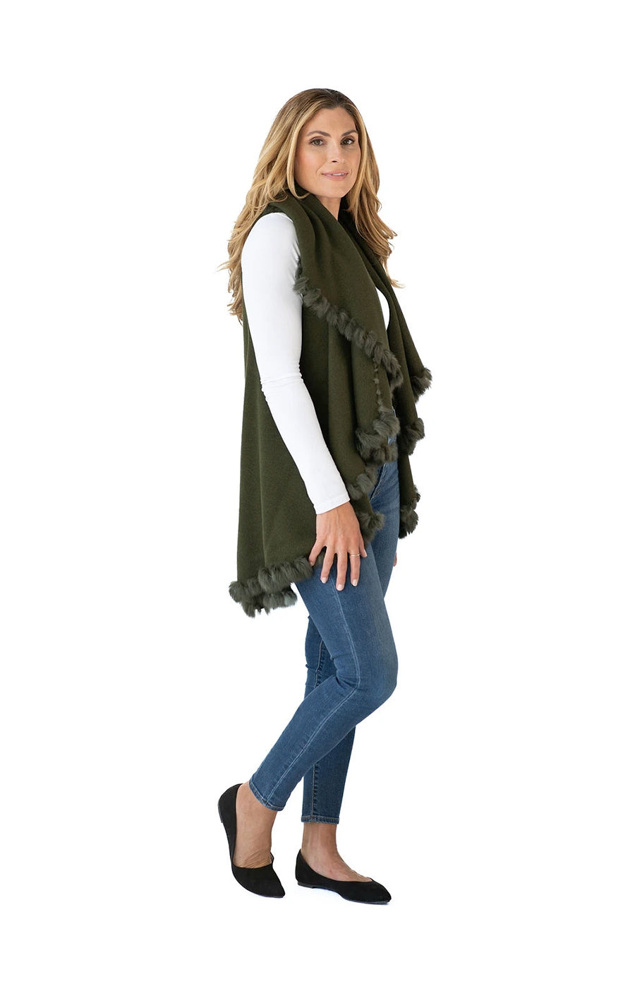 Shawl in Olive Green with Fur Trim