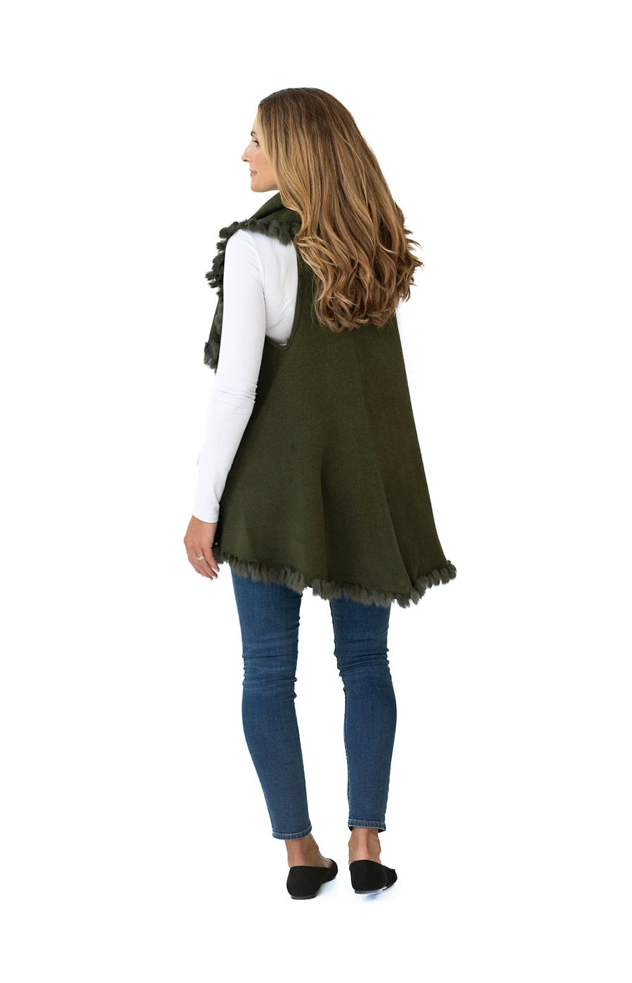 Shawl in Olive Green with Fur Trim