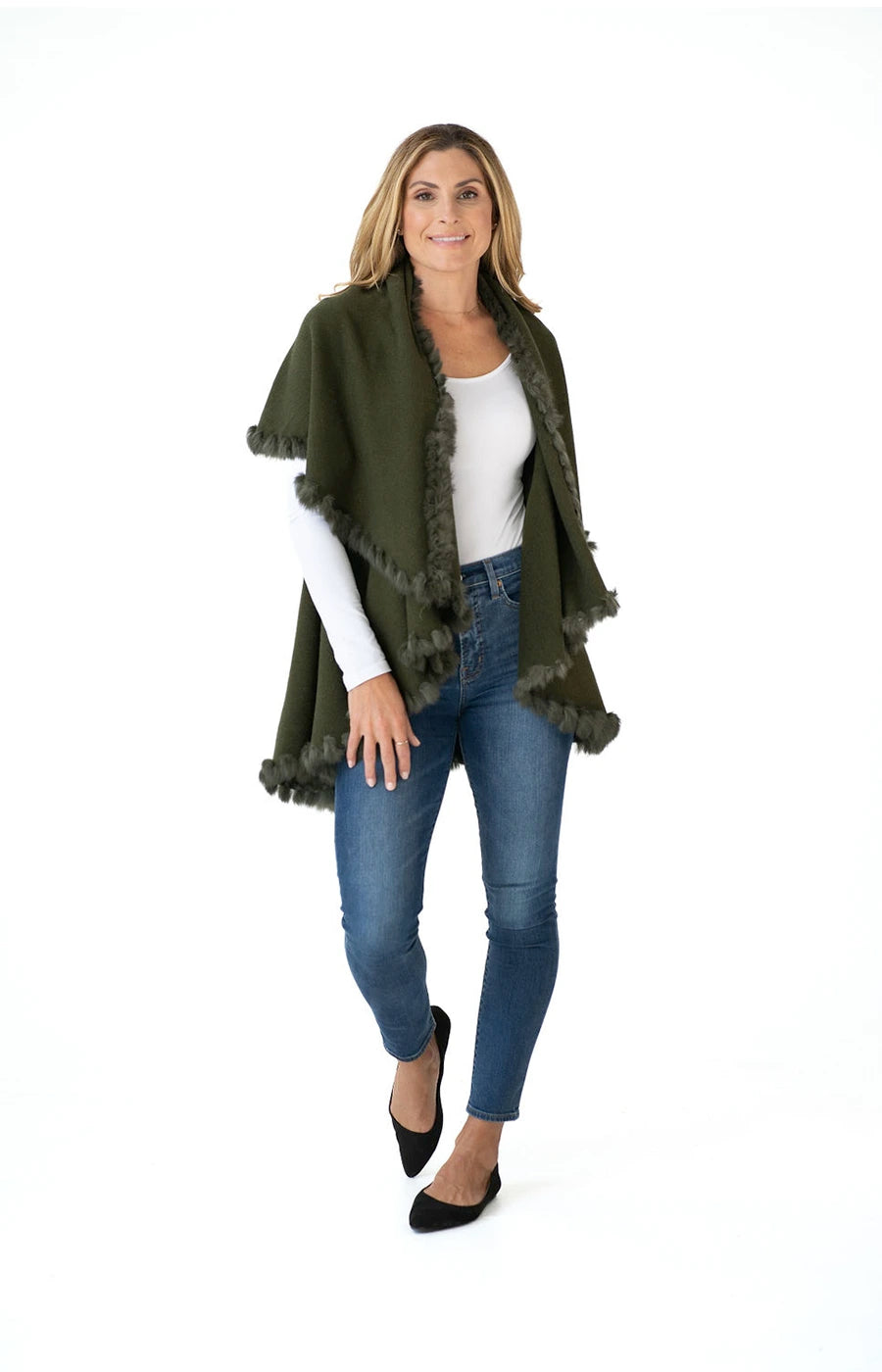 Shawl in Olive Green with Fur Trim